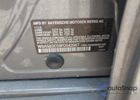 2015 BMW 535I xDrive из США, поврежденный, VIN WBA5B3C59FD543967